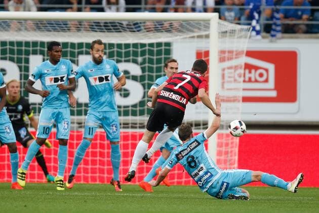 Shkendija s Besart Ibraimi scores a goal during the first leg match of the playoff round between Belgian first league soccer team KAA Gent and Macedonia s first league soccer team Shkendija in the Europa League competition, on Thursday 18 August 2016, in Gent. BRUNOxFAHY  x04913856x