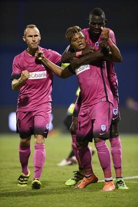 Genk s Thomas Buffel, Genk s Leon Bailey and Genk s Omar Colley celebrate during the first leg match of the playoff round between Croatian team Lokomotiva Zagreb and Belgian first league soccer team KRC Genk in the Europa League competition, on Thursday 18 August 2016, in Zagreb, Croatia. YORICKxJANSENS  x04913867x