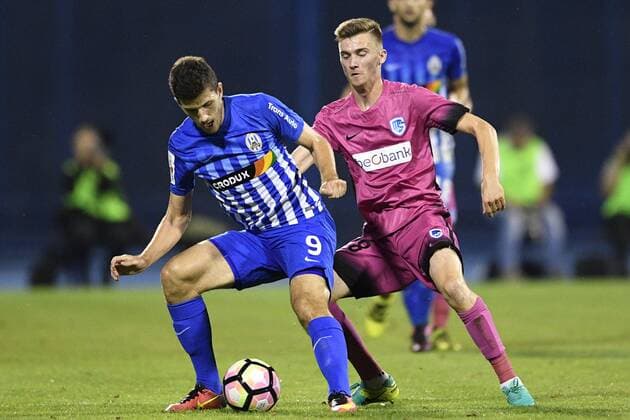 Lokomotivo s Mirko Maric and Genk s Brian Heynen fight for the ball during the first leg match of the playoff round between Croatian team Lokomotiva Zagreb and Belgian first league soccer team KRC Genk in the Europa League competition, on Thursday 18 August 2016, in Zagreb, Croatia. YORICKxJANSENS  x04913819x