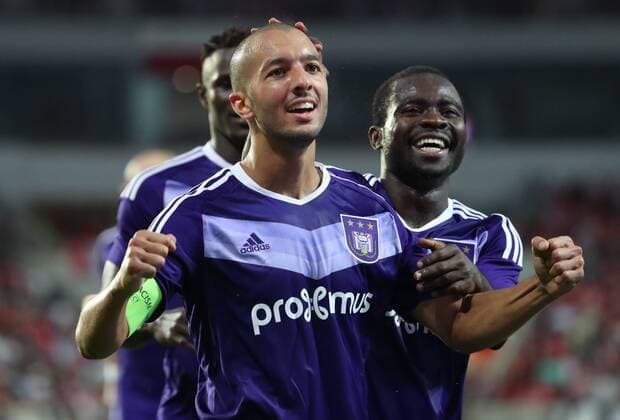 Anderlecht s Sofiane Hanni celebrates after scoring the 3-0 goal during the first leg match of the playoff round between Belgian first league soccer team RSC Anderlecht and Czech team Slavia Prague in the Europa League competition, on Thursday 18 August 2016, in Prague, Czech Republic. VIRGINIExLEFOUR  x04913831x