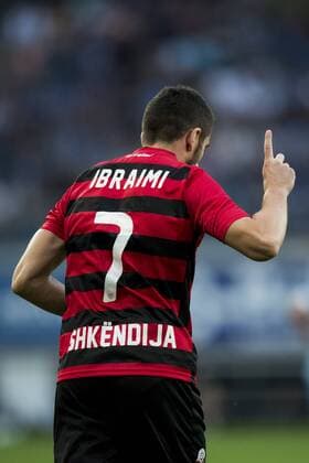 Shkendija s Besart Ibraimi celebrates after scoring during the first leg match of the playoff round between Belgian first league soccer team KAA Gent and Macedonia s first league soccer team Shkendija in the Europa League competition, on Thursday 18 August 2016, in Gent. JASPERxJACOBS  x04913882x