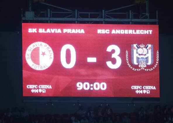 The scoreboard with the result 3-0 seen at the end of the first leg match of the playoff round between Belgian first league soccer team RSC Anderlecht and Czech team Slavia Prague in the Europa League competition, on Thursday 18 August 2016, in Prague, Czech Republic. VIRGINIExLEFOUR  x04913883x