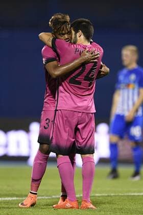 Genk s Leon Bailey and Genk s Alejandro Pozuelo pictured during the first leg match of the playoff round between Croatian team Lokomotiva Zagreb and Belgian first league soccer team KRC Genk in the Europa League competition, on Thursday 18 August 2016, in Zagreb, Croatia. YORICKxJANSENS  x04913878x