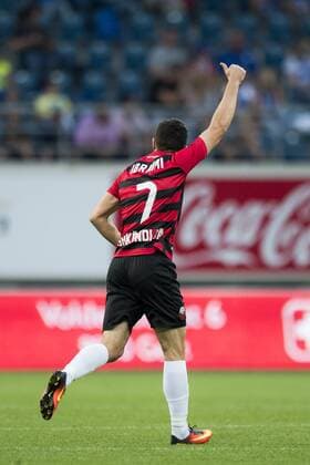Shkendija s Besart Ibraimi celebrates after scoring during the first leg match of the playoff round between Belgian first league soccer team KAA Gent and Macedonia s first league soccer team Shkendija in the Europa League competition, on Thursday 18 August 2016, in Gent. JASPERxJACOBS  x04913879x