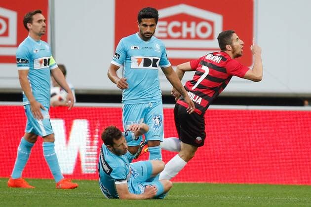 Shkendija s Besart Ibraimi (R) celebrates after scoring during the first leg match of the playoff round between Belgian first league soccer team KAA Gent and Macedonia s first league soccer team Shkendija in the Europa League competition, on Thursday 18 August 2016, in Gent. BRUNOxFAHY  x04913862x