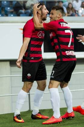 Shkendija s players celebrate after scoring during the first leg match of the playoff round between Belgian first league soccer team KAA Gent and Macedonia s first league soccer team Shkendija in the Europa League competition, on Thursday 18 August 2016, in Gent. JASPERxJACOBS  x04913895x