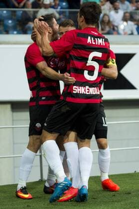 Shkendija s players celebrate after scoring during the first leg match of the playoff round between Belgian first league soccer team KAA Gent and Macedonia s first league soccer team Shkendija in the Europa League competition, on Thursday 18 August 2016, in Gent. JASPERxJACOBS  x04913897x