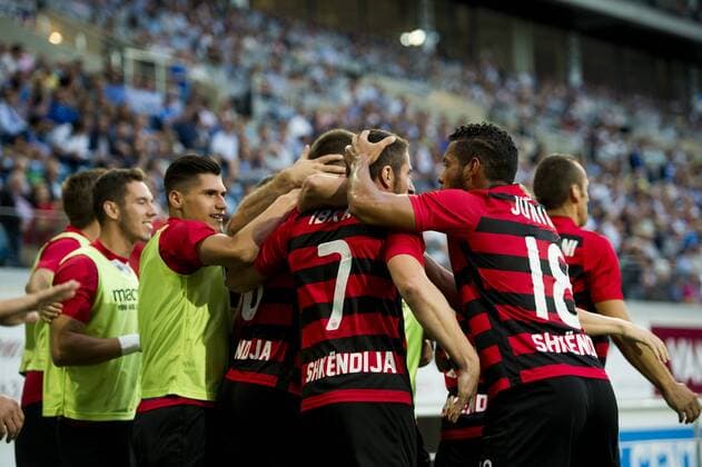 Shkendija s players celebrate after scoring during the first leg match of the playoff round between Belgian first league soccer team KAA Gent and Macedonia s first league soccer team Shkendija in the Europa League competition, on Thursday 18 August 2016, in Gent. JASPERxJACOBS  x04913893x