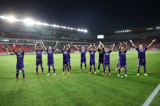 the first leg match of the playoff round between Belgian first league soccer team RSC Anderlecht and Czech team Slavia Prague in the Europa League competition, on Thursday 18 August 2016, in Prague, Czech Republic. VIRGINIExLEFOUR  x04913936x
