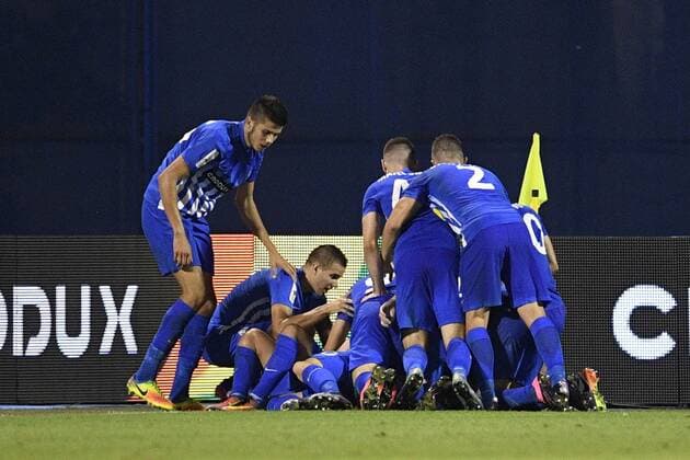 Lokomotivo s players celebrate during the first leg match of the playoff round between Croatian team Lokomotiva Zagreb and Belgian first league soccer team KRC Genk in the Europa League competition, on Thursday 18 August 2016, in Zagreb, Croatia. YORICKxJANSENS  x04913999x