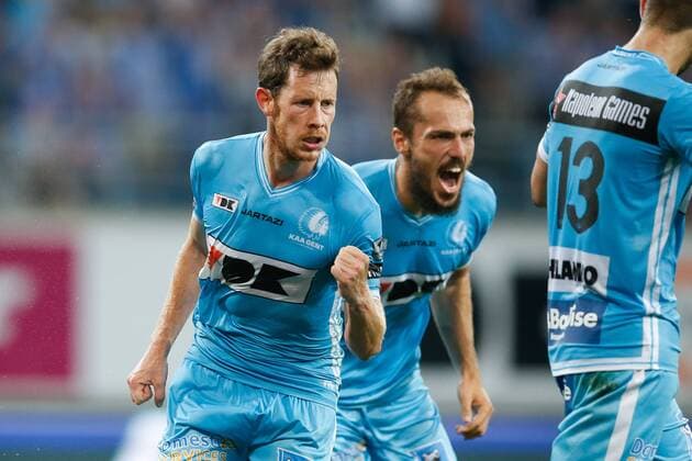 Gent s Thomas Matton celebrates after scoring during the first leg match of the playoff round between Belgian first league soccer team KAA Gent and Macedonia s first league soccer team Shkendija in the Europa League competition, on Thursday 18 August 2016, in Gent. BRUNOxFAHY  x04913994x