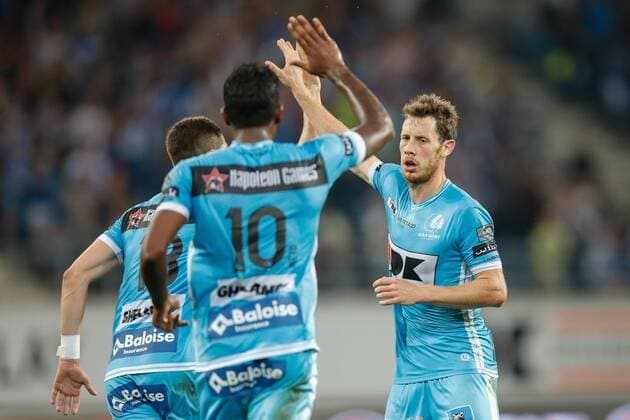Gent s Thomas Matton celebrates after scoring during the first leg match of the playoff round between Belgian first league soccer team KAA Gent and Macedonia s first league soccer team Shkendija in the Europa League competition, on Thursday 18 August 2016, in Gent. BRUNOxFAHY  x04914014x