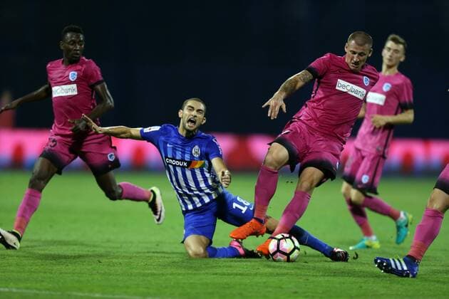 UEFA Europa League - play-off - NK Lokomotiva vs KRC Genk 18.08.2016., stadium Maksimir, Zagreb - First leg of UEFA Europa League play off, NK Lokomotiva - KRC Genk. Eros Grezda, Thomas Buffel.  DaliborxUrukalovic PIXSELL
