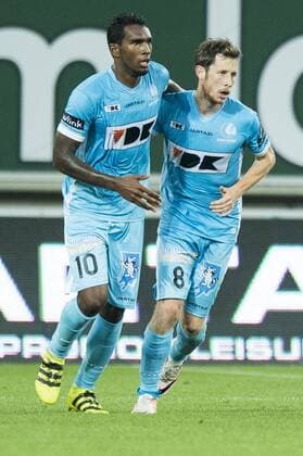 Gent s Renato Neto and Gent s Thomas Matton celebrate after scoring during the first leg match of the playoff round between Belgian first league soccer team KAA Gent and Macedonia s first league soccer team Shkendija in the Europa League competition, on Thursday 18 August 2016, in Gent. JASPERxJACOBS  x04914004x