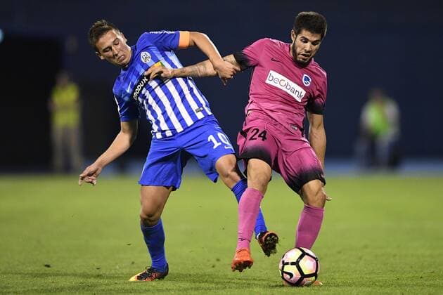 Lokomotivo s Ivan Fiolic and Genk s Alejandro Pozuelo fight for the ball during the first leg match of the playoff round between Croatian team Lokomotiva Zagreb and Belgian first league soccer team KRC Genk in the Europa League competition, on Thursday 18 August 2016, in Zagreb, Croatia. YORICKxJANSENS  x04914032x