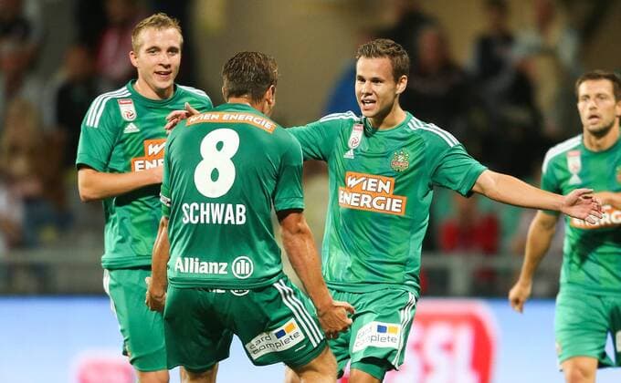 SOCCER - UEFA EL quali, Trencin vs Rapid ZILINA,SLOVAKIA,18.AUG.16 - SOCCER - UEFA Europa League, Play-off qualification, FK AS Trencin vs SK Rapid Wien. Image shows the rejoicing of Christopher Dibon (Rapid), Stefan Schwab (Rapid) and Louis Schaub (Rapid). Keywords: Wien Energie. GEPAxpictures xPhilippxBrem