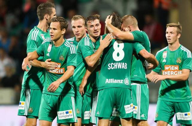 SOCCER - UEFA EL quali, Trencin vs Rapid ZILINA,SLOVAKIA,18.AUG.16 - SOCCER - UEFA Europa League, Play-off qualification, FK AS Trencin vs SK Rapid Wien. Image shows the rejoicing of Rapid with Louis Schaub (Rapid). Keywords: Wien Energie. GEPAxpictures xPhilippxBrem