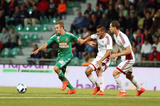 PHILIPP SCHOBESBERGER RAPID MARTIN SULEK TRENCIN JAMES LAWRENCE TRENCIN - ZILINA 18.08.2016 SPORT FOOTBALL SEASON 2016 17 UEFA EUROPA LEAGUE FOURTH ROUND QUALIFICATION AS TRENCIN - RAPID WIEN - --- Newspix.pl  160818CHW035
