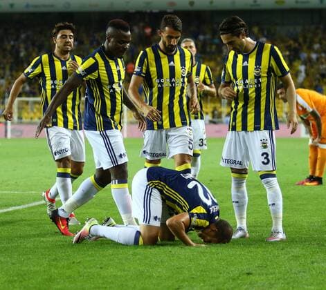 UEFA Europa league Playoff first leg match between Fenerbahce and Grasshoppers at Ulker Stadium in Istanbul on August 18 , 2016. Final Score : Fenerbahce 3 - Grasshoppers 0 Pictured: Fenerbahce players celebrates for Aatif Chaheshouhe s goal. Not available for publication in Turkey. 