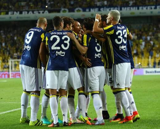 UEFA Europa league Playoff first leg match between Fenerbahce and Grasshoppers at Ulker Stadium in Istanbul on August 18 , 2016. Final Score : Fenerbahce 3 - Grasshoppers 0 Pictured: Fenerbahce players celebrates for Aatif Chaheshouhe s goal. Not available for publication in Turkey. 