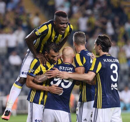 UEFA Europa league Playoff first leg match between Fenerbahce and Grasshoppers at Ulker Stadium in Istanbul on August 18 , 2016. Final Score : Fenerbahce 3 - Grasshoppers 0 Pictured: Fenerbahce players celebrates for Miroslav Stoch s goal. Not available for publication in Turkey. 