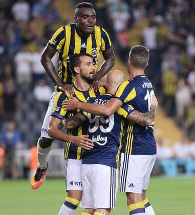 UEFA Europa league Playoff first leg match between Fenerbahce and Grasshoppers at Ulker Stadium in Istanbul on August 18 , 2016. Final Score : Fenerbahce 3 - Grasshoppers 0 Pictured: Fenerbahce players celebrates for Miroslav Stoch s goal. Not available for publication in Turkey. 