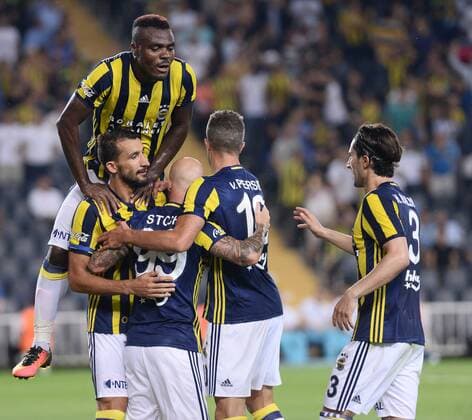 UEFA Europa league Playoff first leg match between Fenerbahce and Grasshoppers at Ulker Stadium in Istanbul on August 18 , 2016. Final Score : Fenerbahce 3 - Grasshoppers 0 Pictured: Fenerbahce players celebrates for Miroslav Stoch s goal. Not available for publication in Turkey. 
