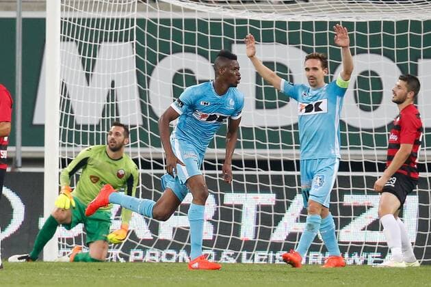 Gent s Kalika Coulibaly celebrates after scoring during the first leg match of the playoff round between Belgian first league soccer team KAA Gent and Macedonia s first league soccer team Shkendija in the Europa League competition, on Thursday 18 August 2016, in Gent. BRUNOxFAHY  x04914147x