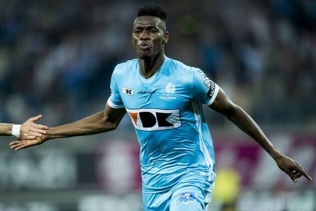 Gent s Kalika Coulibaly celebrate after scoring during the first leg match of the playoff round between Belgian first league soccer team KAA Gent and Macedonia s first league soccer team Shkendija in the Europa League competition, on Thursday 18 August 2016, in Gent. JASPERxJACOBS  x04914152x