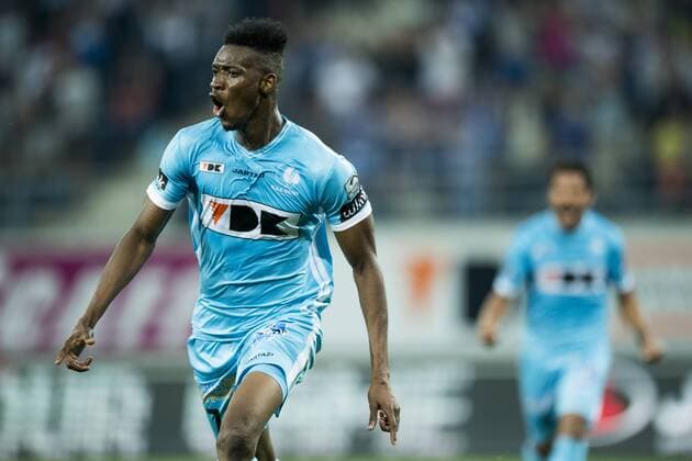 Gent s Kalika Coulibaly celebrate after scoring during the first leg match of the playoff round between Belgian first league soccer team KAA Gent and Macedonia s first league soccer team Shkendija in the Europa League competition, on Thursday 18 August 2016, in Gent. JASPERxJACOBS  x04914158x