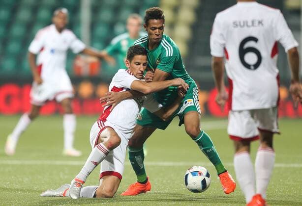 SOCCER - UEFA EL quali, Trencin vs Rapid ZILINA,SLOVAKIA,18.AUG.16 - SOCCER - UEFA Europa League, Play-off qualification, FK AS Trencin vs SK Rapid Wien. Image shows Jakub Paur (Trencin) and Joelinton Cassio Apolinario de Lira (Rapid). Keywords: Wien Energie. GEPAxpictures xPhilippxBrem