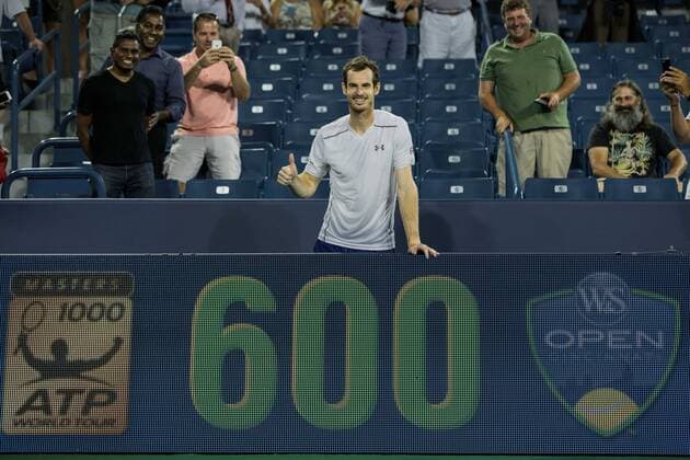 August 18, 2016 - Mason, Ohio, USA - Andy Murray (GBR) celebrates his 600th career win at Thursday s quarterfinal round of the Western and Southern Open at the Lindner Family Tennis Center, Mason, Oh. Tennis 2016 - Western And Southern Open - Day 6 - ZUMAs304