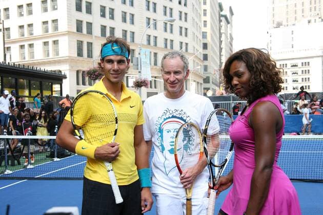 Tennis pros and Nike sponsor challenge to local outh tennis plaers.Nike built regulation tennis court.23rd St and Broadwa, NC.August 26, 09.Photos b , Globe Photos Inc 2009.RAFAEL NADAL,JOHN MCENROE AND SERENA WILLIAMS.K62850SMO Nike Tennis Challenge - ZUMAms4_