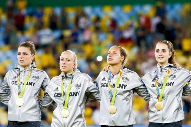 Rio 2016, Fußball, Damen, Deutschland ist Olympiasieger Olympics 2016 Football RJ RIO DE JANEIRO, RJ - 19.08.2016: OLYMPICS 2016 FOOTBALL RJ - Celebration of winning the gold medal of the German seleca during the dispute between Germany (GER) and Sweden (SWE) by the end of the Olympic Women& 39;s Foot Rll Rio Olympics 2016 held at Maracana Stadium in the host city Rio de Janeiro. (Photo: Marco Galvão Fotoarena) x1190687x  MarcoxGalvão