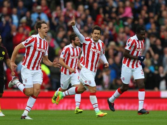 Bojan Krkic of Stoke City celebrates scoring this first goal during the Premier League match at the Britannia Stadium, Stoke on Trent. Picture date: August 20th, 2016. Pic Simon Bellis Sportimage EDITORIAL USE ONLY. No use with unauthorised audio, video, data, fixture lists, club league logos or live services. Online in-match use limited to 120 images, no video emulation. No use in betting, games or single club league player publications.