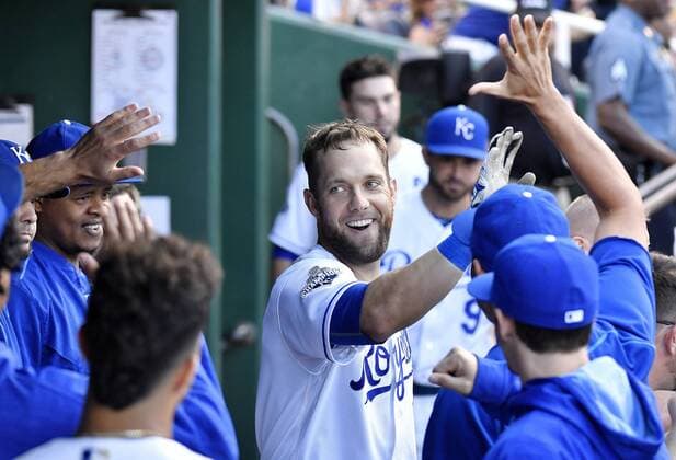 August 20, 2016 - Kansas City, MO, USA - Kansas City Royals Alex Gordon is congratulated after hitting a solo home run in the fourth inning during Saturday s baseball game against the Minnesota Twins on Aug. 20, 2016 at Kauffman Stadium in Kansas City, Mo. Twins vs. Royals - ZUMAm67_