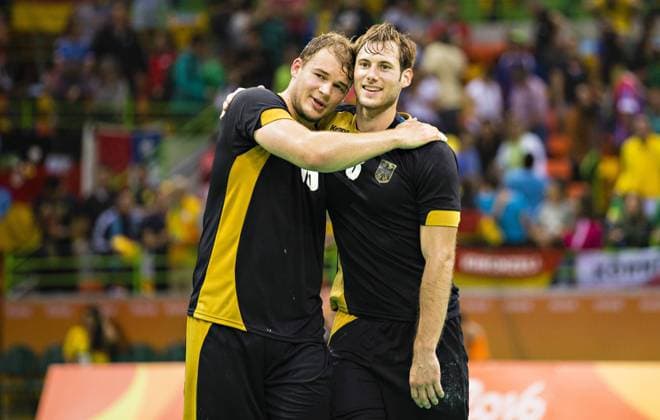 Rio 2016, Deutsche Medaillengewinner Rio de Janeiro, 21.08.2016, Olympia Deutscher Schlussjubel: u.a. DRUX Paul, GENSHEIMER Uwe Polen - Deutschland Handball Spiel um Bronze mm