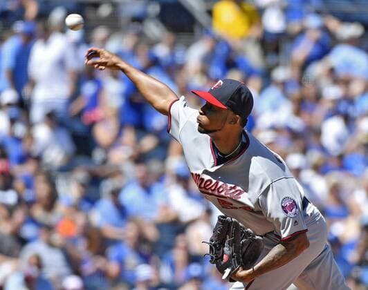 August 21, 2016 - Kansas City, MO, USA - Minnesota Twins starting pitcher Ervin Santana throws in the third inning against the Kansas City Royals on Sunday, Aug. 21, 2016 at Kauffman Stadium in Kansas City, Mo. Minnesota Twins vs. Kansas City Royals - ZUMAm67_