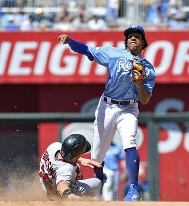 August 21, 2016 - Kansas City, MO, USA - Kansas City Royals second baseman Raul Mondesi forces out Minnesota Twins Robbie Grossman at second and completes a double play on Miguel Sano at first in the fifth inning on Sunday, Aug. 21, 2016 at Kauffman Stadium in Kansas City, Mo. Minnesota Twins vs. Kansas City Royals - ZUMAm67_