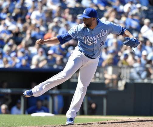 August 21, 2016 - Kansas City, MO, USA - Kansas City Royals relief pitcher Kelvin Herrera follows through on a pitch in the ninth inning against the Minnesota Twins on Sunday, Aug. 21, 2016 at Kauffman Stadium in Kansas City, Mo. Minnesota Twins vs. Kansas City Royals - ZUMAm67_