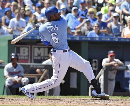 August 21, 2016 - Kansas City, MO, USA - Kansas City Royals Lorenzo Cain follows through on a grounder that bounced off Minnesota Twins shortstop Jorge Polanco for a single in the sixth inning on Sunday, Aug. 21, 2016 at Kauffman Stadium in Kansas City, Mo. Minnesota Twins vs. Kansas City Royals - ZUMAm67_