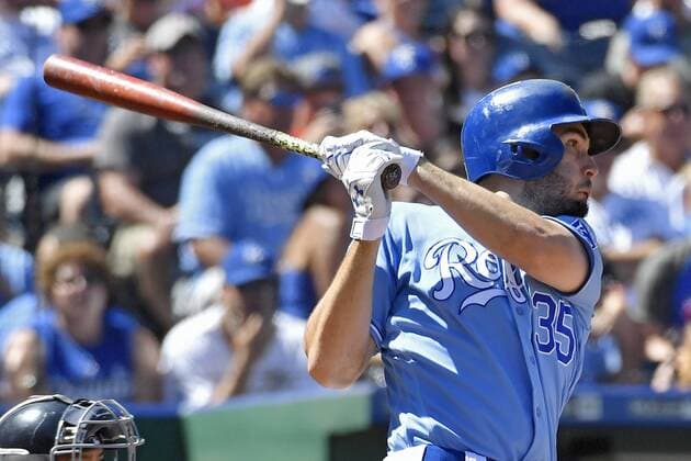 August 21, 2016 - Kansas City, MO, USA - Kansas City Royals Eric Hosmer follows through on an RBI double to score Lorenzo Cain in the sixth inning against the Minnesota Twins on Sunday, Aug. 21, 2016 at Kauffman Stadium in Kansas City, Mo. Minnesota Twins vs. Kansas City Royals - ZUMAm67_