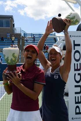 August 21, 2016 - Mason, Ohio, United States - SANIA MIRZA of India and BARBORA STRYCOVA of the Czech Republic with their trophies after winning the doubles final of the Western & Southern Open Tennis Tournament in Mason Ohio. Tennis 2016 - Western & Southern Open - Day 9 - ZUMAl132