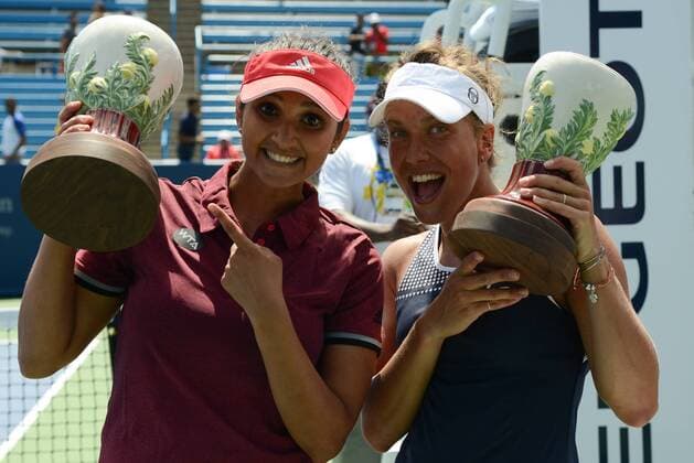 August 21, 2016 - Mason, Ohio, United States - SANIA MIRZA of India and BARBORA STRYCOVA of the Czech Republic with their trophies after winning the doubles final of the Western & Southern Open Tennis Tournament in Mason Ohio. Tennis 2016 - Western & Southern Open - Day 9 - ZUMAl132