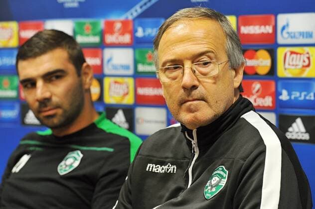 Vladislav Stoyanov of Ludogorets Razgrad, left, and coach Georgi Dermendzhiev attend a news conference prior to the 4th qualifying round of football Champions League return match FC Viktoria Pilsen vs PFC Ludogorets Razgrad in Pilsen, Czech Republic, August 22, 2016. (CTKxPhoto PavelxNemecek) CTKPhotoP201608220787301  nmc3