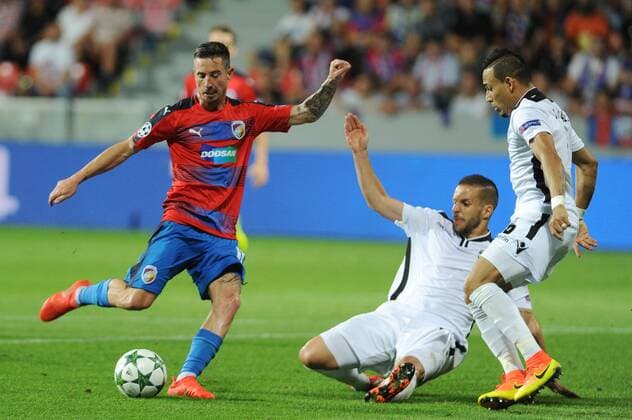 From left: Milan Petrzela of Viktoria Pilsen, Sasha and Natanael of Ludogorets Razgrad in action during the 4th qualifying round of football Champions League return match FC Viktoria Pilsen vs PFC Ludogorets Razgrad in Pilsen, Czech Republic, August 23, 2016. (CTKxPhoto PavelxNemecek) CTKPhotoP201608240200901  nmc24