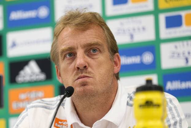 SOCCER - UEFA EL quali, Rapid vs Trencin VIENNA,AUSTRIA,24.AUG.16 - SOCCER - UEFA Europa League, Play-off qualification, SK Rapid Wien vs FK AS Trencin, preview, press conference PK Pressekonferenz of Rapid. Image shows head coach Mike Bueskens (Rapid). Keywords: Wien Energie. GEPAxpictures xPhilippxBrem