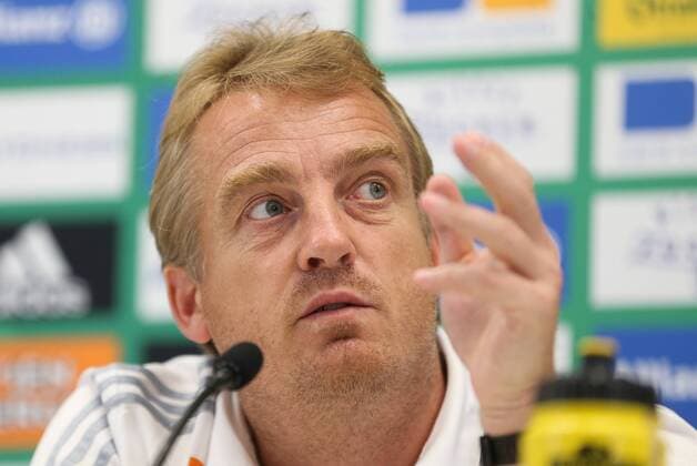 SOCCER - UEFA EL quali, Rapid vs Trencin VIENNA,AUSTRIA,24.AUG.16 - SOCCER - UEFA Europa League, Play-off qualification, SK Rapid Wien vs FK AS Trencin, preview, press conference PK Pressekonferenz of Rapid. Image shows head coach Mike Bueskens (Rapid). Keywords: Wien Energie. GEPAxpictures xPhilippxBrem