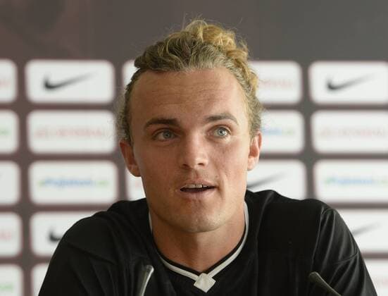 Player of Sonderjyske Pierre Kanstrup speaks at a press conference PK Pressekonferenz prior to the fourth qualifying round of the Europa League match Sparta Praha vs Sonderjyske in Prague, Czech Republic, August 24, 2016. (CTKxPhoto MichalxKrumphanzl) CTKPhotoP201608240797001  kru 3