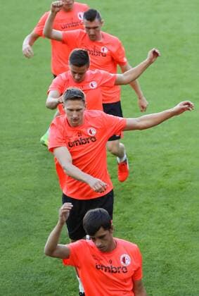 Slavia s Ruslan Mingazow, Slavia s Milan Skoda, Slavia s Jaroslav Mihalik and Slavia s Jan Mikula pictured during a training of Czech first league club Slavia Praha, Wednesday 24 August 2016, in Anderlecht. Tomorrow Anderlecht is playing the return leg of the playoff round in the Europa League competition against Czech Slavia Prague. First leg ended on 0-3 in Czech Republic. VIRGINIExLEFOUR  x04918049x